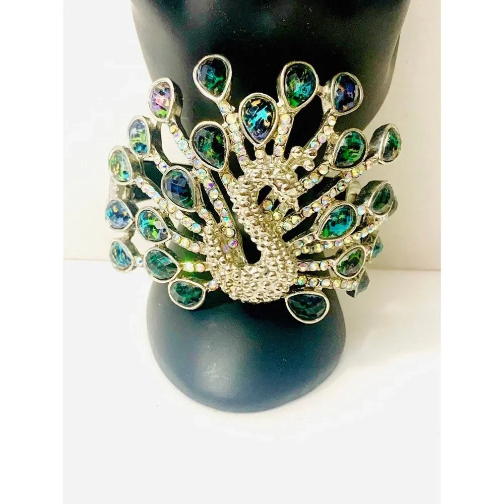 Rhinestone Peacock Boho Hinged Cuff Bracelet - Picture 1 of 10
